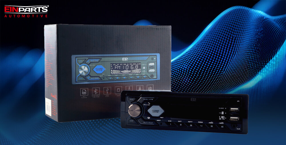 Radio samochodowe EINPARTS EPCR05B - Tylne złącze i standard ISO w radiu EinParts EPCR05B, radio z pudełkiem na czarnoniebieskim tle
