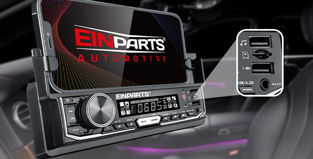 Radio samochodowe EINPARTS EPCR14 - Radio samochodowe z wejściem USB AUX oraz slot na kartę SD, radio z smartfonem zamontowanym na uchwycie, kadr na wejścia radia