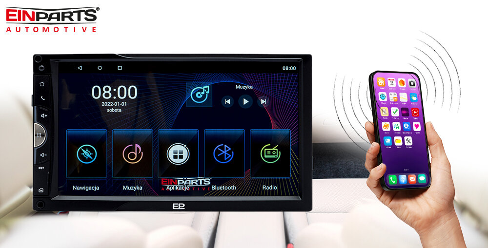 Radio samochodowe EINPARTS EPCR12 - Bezprzewodowe przesyłanie obrazu z telefonu do radia, radio od frontu, smartfon trzymany w ręku