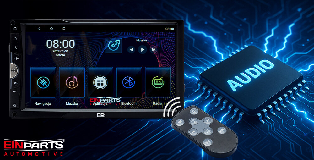 Radio samochodowe EINPARTS EPCR12 - Radio samochodowe zamontowane w aucie – widok na kokpit, radio od frotnu , pilot zdalnego sterowania, chip audio