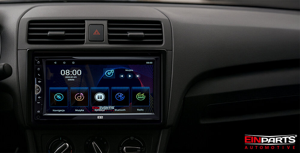 Radio samochodowe EINPARTS EPCR12 - Radio samochodowe EinParts z pudełkiem w zestawie, radio zamontowane w samochodzie