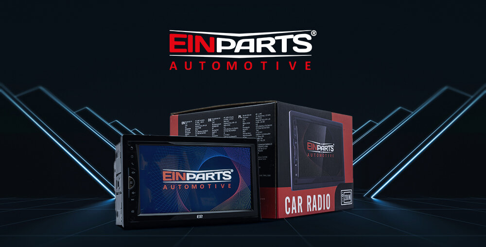 Radio samochodowe EINPARTS EPCR11 - Radio samochodowe EinParts z ekranem dotykowym i Androidem 10, radio 2-din z pudełkiem na ciemnym tle