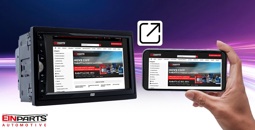Radio samochodowe EINPARTS EPCR11 - Bezprzewodowe przesyłanie obrazu z telefonu na radio samochodowe EinParts, radio 2-din, smartfon trzymany w ręku