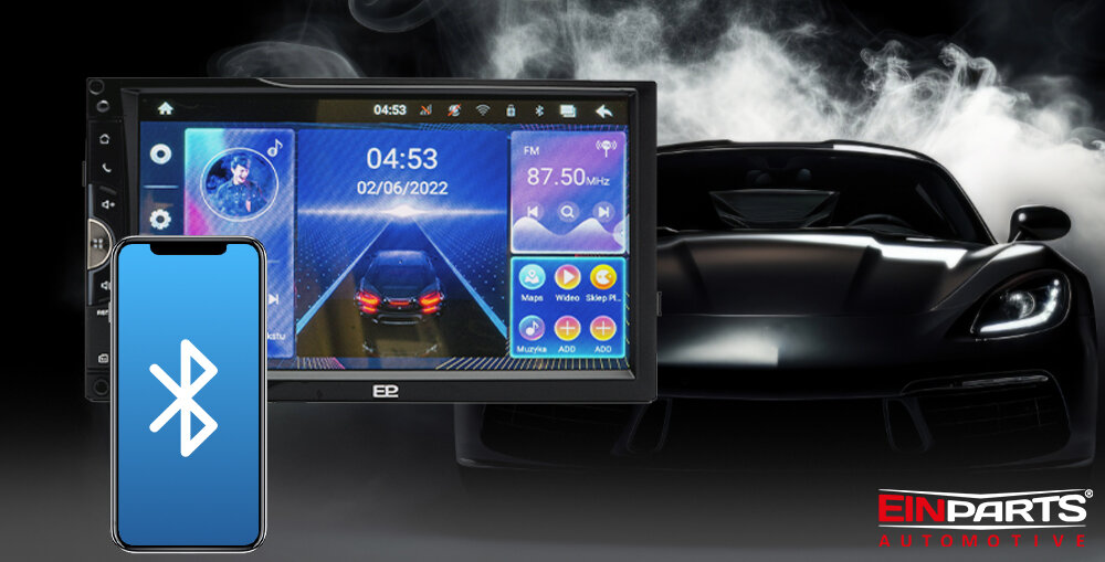 Radio samochodowe EINPARTS EPCR13 - Radio z Bluetooth i ekranem dotykowym EinParts EPCR13, radio od frontu , smartfon z ikoną Bluetooth, samochód w tle