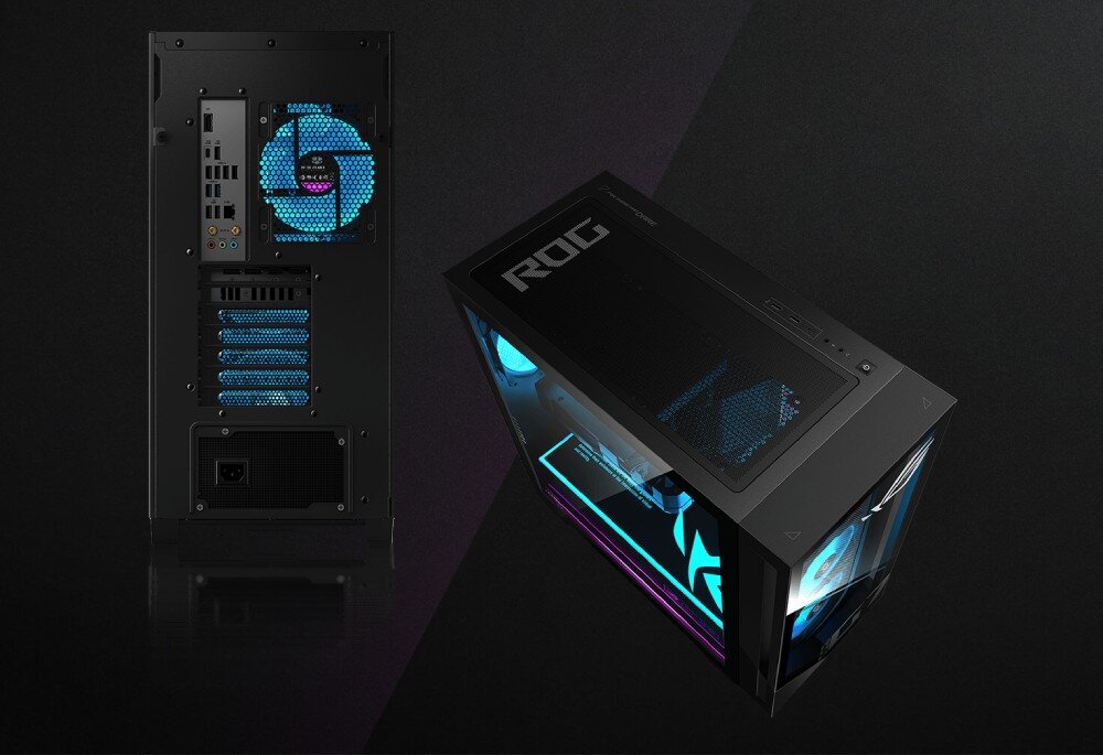 Komputer ASUS G700TF-09285K239W Z lewej strony widok tylnego panelu komputera z wentylatorem, portami i zasilaczem; z prawej strony widok komputera z góry, z panelem z siatką wentylacyjną i napisem 'ROG', łączność, port Ethernet, Wi-Fi 6