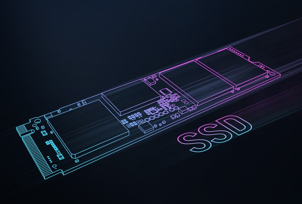 Komputer ASUS G700TF-09285K239W Ilustracja dysku SSD w standardzie M.2, przedstawiona jako neonowy rysunek z podpisem 'SSD' na ciemnym tle, dysk SSD, pojemność, interfejs