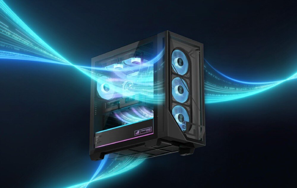 Komputer ASUS G700TF-09285K239W Komputer stacjonarny z podświetlanymi wentylatorami, przez który przechodzą niebieskie smugi symbolizujące przepływ powietrza, wentylacja, chłodzenie, łożyska, żywotnosć, filtry przeciwkurzowe
