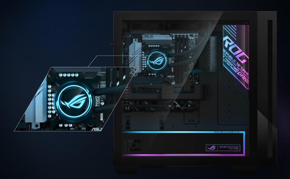 Komputer ASUS G700TF-09285K239W Widok wnętrza komputera z chłodzeniem cieczą, zbliżenie na element z logo ROG oraz podświetlane komponenty, chłodzenie wodne procesora, obudowa, pojemność