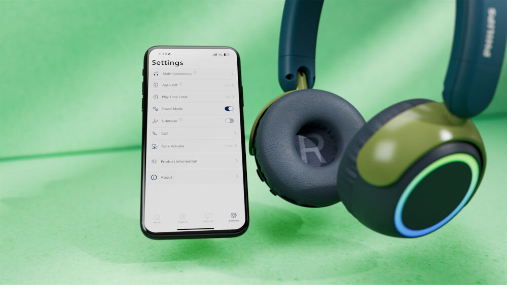 Słuchawki nauszne PHILIPS TAK4200CT kontrola głośności 75 dB i 85 dB, słuchawki z telefonem na zieonym tle