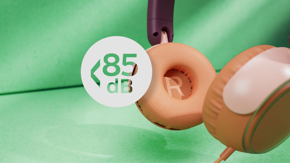 Słuchawki nauszne PHILIPS TAK2000MP głośność ograniczona do 85 dB dla dzieci, kadr słuchawek z logiem głośności