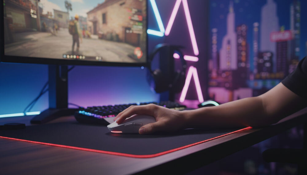 Mysz MAD DOG WGM700W Czarny Gamingowa myszka MAD DOG na podkładce RGB przy stanowisku gracza z monitorem i słuchawkami.