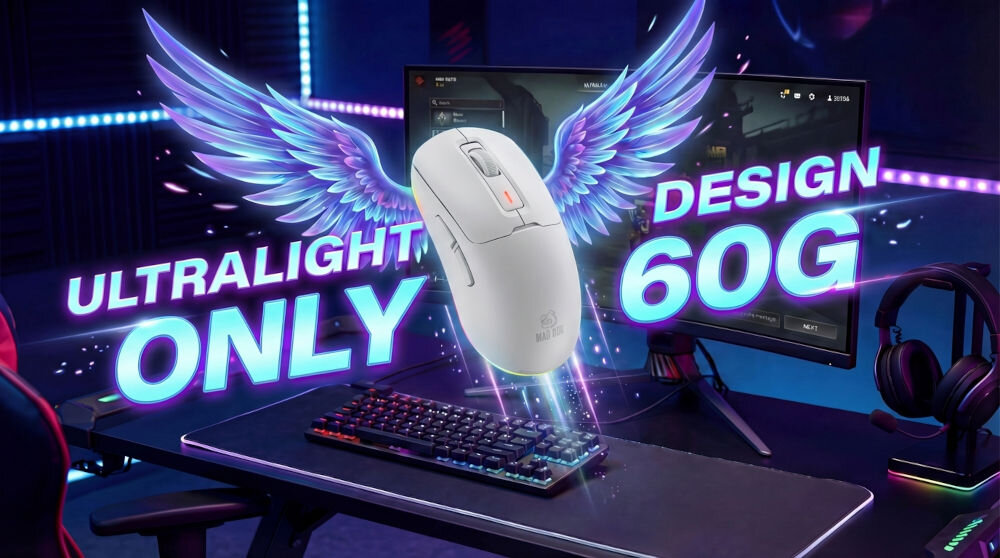 Mysz MAD DOG WGM700W Czarny Ultralekka mysz gamingowa MAD DOG o wadze zaledwie 60g z grafiką skrzydeł nad klawiaturą mechaniczną.