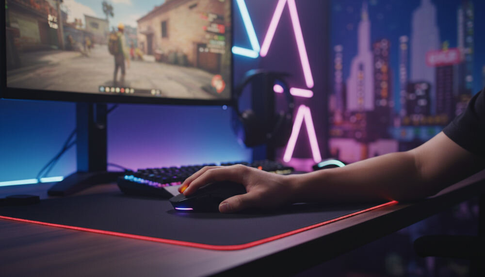 Mysz MAD DOG WGM700K Czarny Gamingowa myszka MAD DOG na podkładce RGB przy stanowisku gracza z monitorem i słuchawkami.