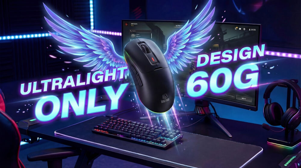 Mysz MAD DOG WGM700K Czarny Ultralekka mysz gamingowa MAD DOG o wadze zaledwie 60g z grafiką skrzydeł nad klawiaturą mechaniczną.