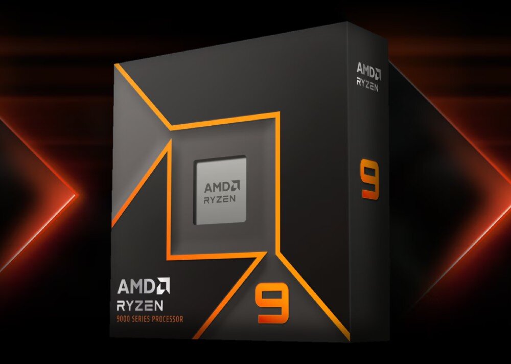 Procesor AMD Ryzen 9 9950X Opakowanie procesora serii 9000 z logo 'AMD Ryzen' i oznaczeniem '9' w pomarańczowo-srebrnym motywie graficznym, z wyróżnionym napisem '3D V-Cache Technology', opis