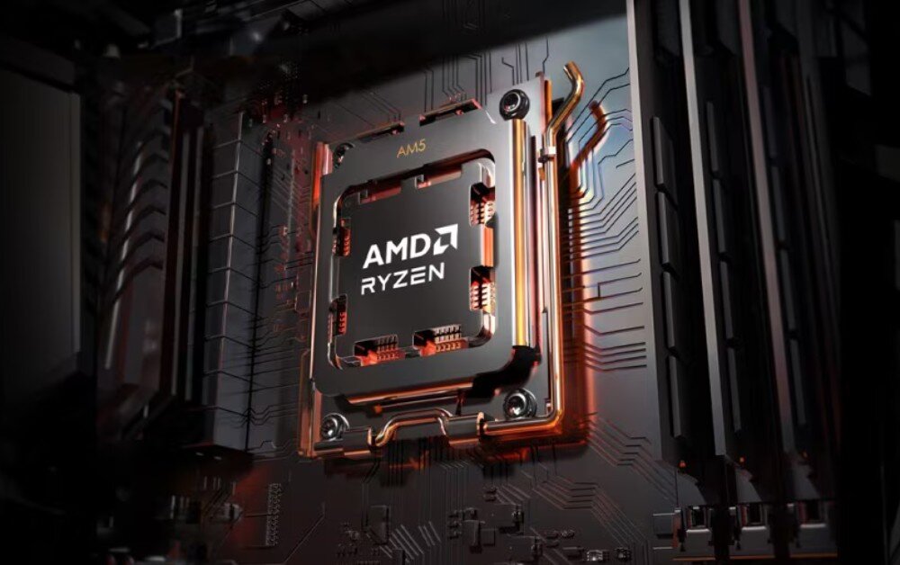 Procesor AMD Ryzen 9 9950X Procesor umieszczony w podstawce płyty głównej typu AM5 z wyraźnie widocznymi elementami mocującymi i ścieżkami elektrycznymi, gniazdo, platforma, technologie