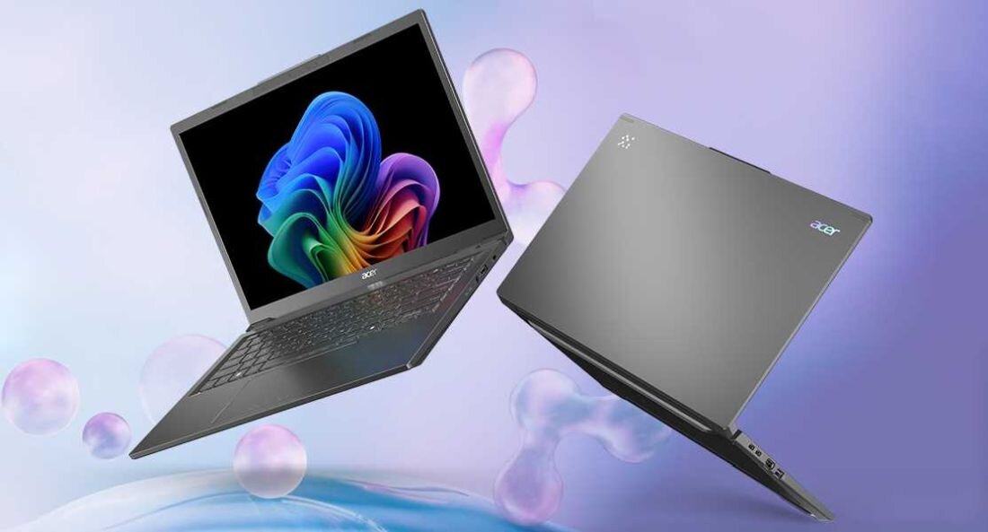 Laptopy Acer Aspire 14 AI – ultrabook z technologią sztucznej inteligencji, widok z przodu i z tyłu, lekka i smukła obudowa, ekran Full HD, dobry do pracy i nauki.     