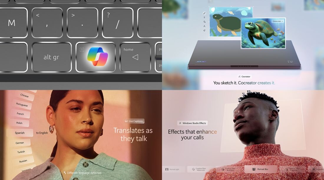 Funkcje AI w laptopie Acer Aspire 14 AI Copilot+ PC – klawiatura z dedykowanym klawiszem Copilot, generowanie grafiki przez Cocreator, tłumaczenia na żywo wielu języków, efekty Windows Studio poprawiające jakość rozmów wideo - Cocreator AI Live Captions Windows Studio Effects