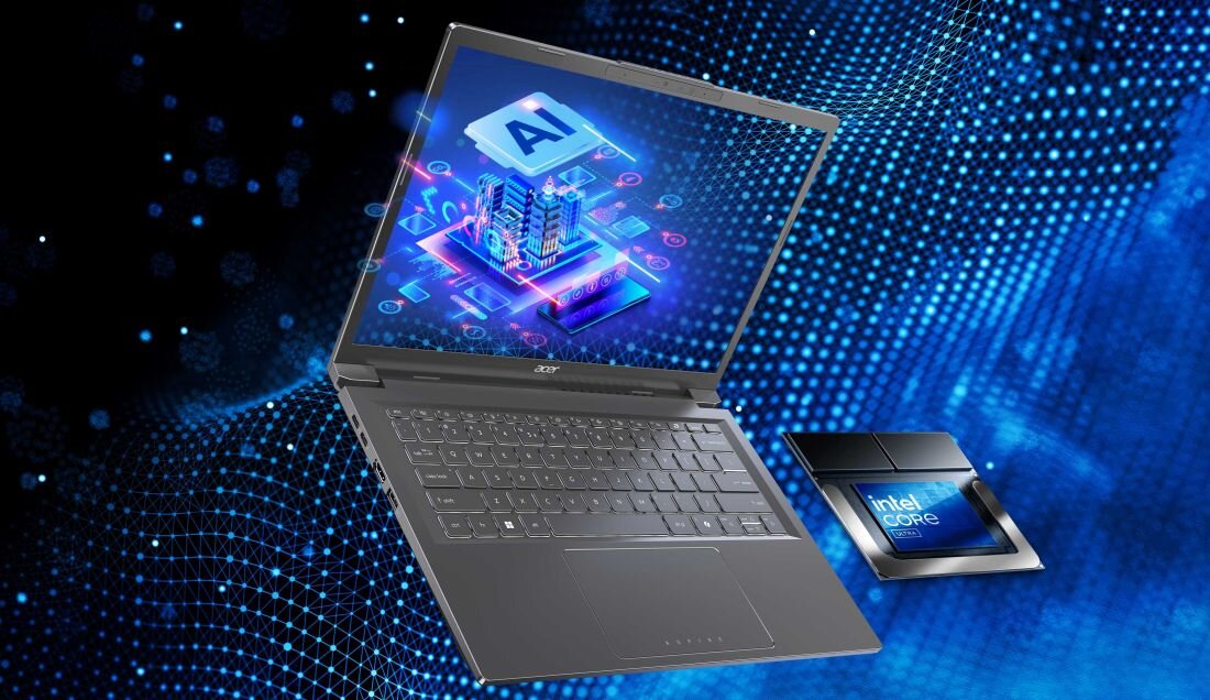 Laptop Acer Aspire 14 AI z procesorem Intel Core Ultra – ultrabook na tle niebieskiej grafiki technologicznej, ekran z motywem sztucznej inteligencji, wydajność do zastosowań AI  