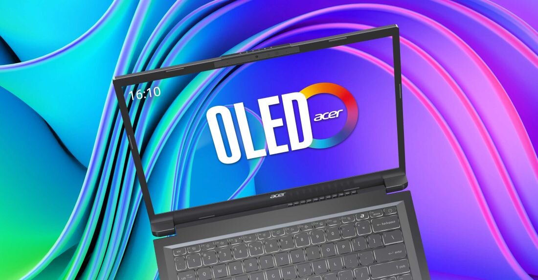 Laptop Acer Aspire 14 AI z ekranem OLED – wyświetlacz o żywych kolorach i wysokiej rozdzielczości, ultrabook na tle kolorowej, abstrakcyjnej grafiki 