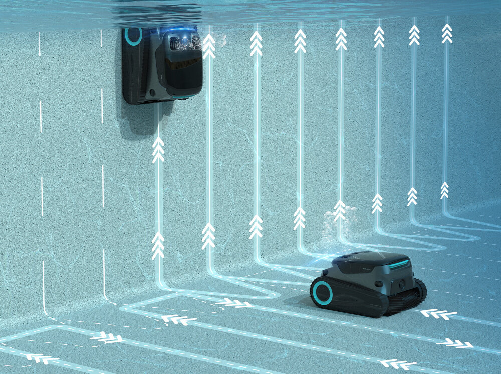 Robot do czyszczenia basenów AIPER Scuba S1 Pro robot zanurzony w wodzie strzałki pokazujące możliwość poruszania się robota skuteczne czyszczenie dna ścian i linii wodnej basenu technologia WaveLine gruntownie analizuje układ basenu dostosowuje trajektorię pracy kompleksowe oczyszczenie basenu