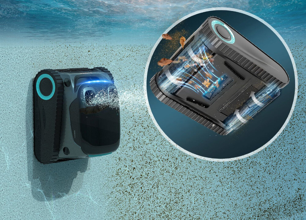 Robot do czyszczenia basenów AIPER Scuba S1 Pro robot zanurzony w basenie widoczne szczotki gąsienicowy bieżnik lepsza przyczepność bardzo dobrze czyści ściany basenu i linię wody może poruszać się po ścianach nachylonych nawet pod kątem do 105°