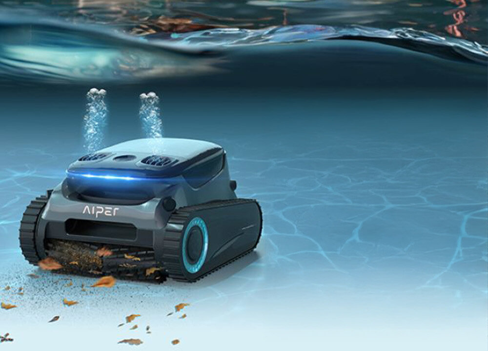 Robot do czyszczenia basenów AIPER Scuba S1 Pro woda robot liście pyłki robot wciąga zanieczyszczenia wysoka moc ssania cztery silniki dwa napędowe i dwa pompy filtruje aż do 379 litrów wody na minutę zasysa brud piasek liście i inne zanieczyszczenia podwójny system filtracji usuwa cząsteczki wielkości nawet do 3 mikronów