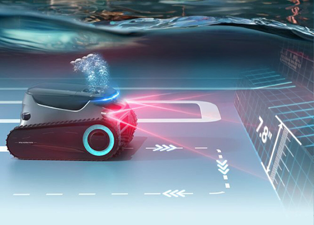 Robot do czyszczenia basenów AIPER Scuba S1 Pro robot zanurzony w wodzie podświetlone na czerwono czujniki 4 czujniki podczerwieni pozycjonowanie w czasie rzeczywistym w basenie umiejętnie wykrywa przeszkody analizuje warunki basenu krystalicznie czysta woda