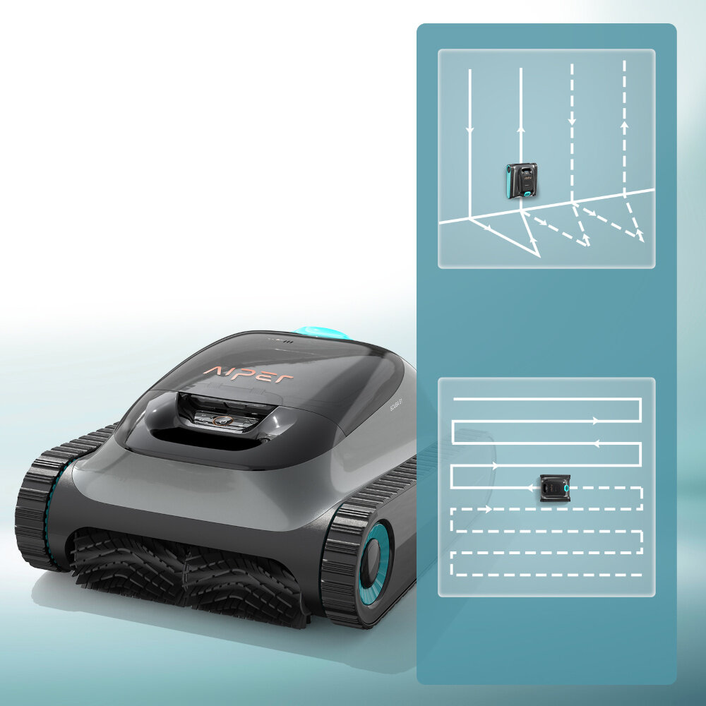 Robot do czyszczenia basenów AIPER Scuba S1 robot obok dwa zdjęcia pokazujące możliwość poruszania się robota po basenie WavePath™ Navigation 2.0 technologia nawigacyjna czujniki przyspieszenia czujniki inercyjne algorytmy porusza się systematycznie po ścianach porusza się w kształcie litery N po dnie basenu jeździ od krawędzi do krawędzi na kształt litery S czyści każdy fragment ścian i dna basenu bez pomijania powierzchni