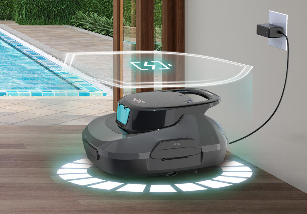 Robot do czyszczenia basenów AIPER Scuba S1 robot podłączony do zasilania wtyczka przy ścianie w tle basen i ogród zasilany akumulatorem litowo-jonowym do 150 minut pracy na jednym ładowaniu funkcja szybkiego ładowania około 3-4 godzin