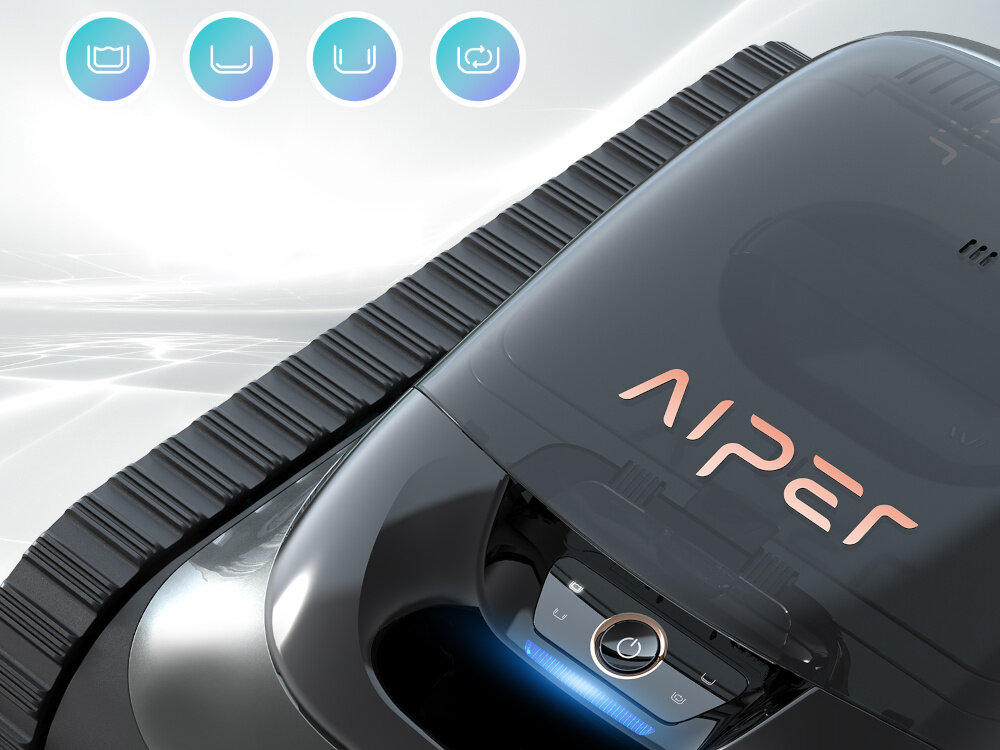 Robot do czyszczenia basenów AIPER Scuba S1 robot widoczny z góry u góry ikony z trybami pracy 4 tryby pracy AUTO FLOOR ONLY WALL ONLY ECO przycisk aplikacji AIPER na urządzenia mobilne