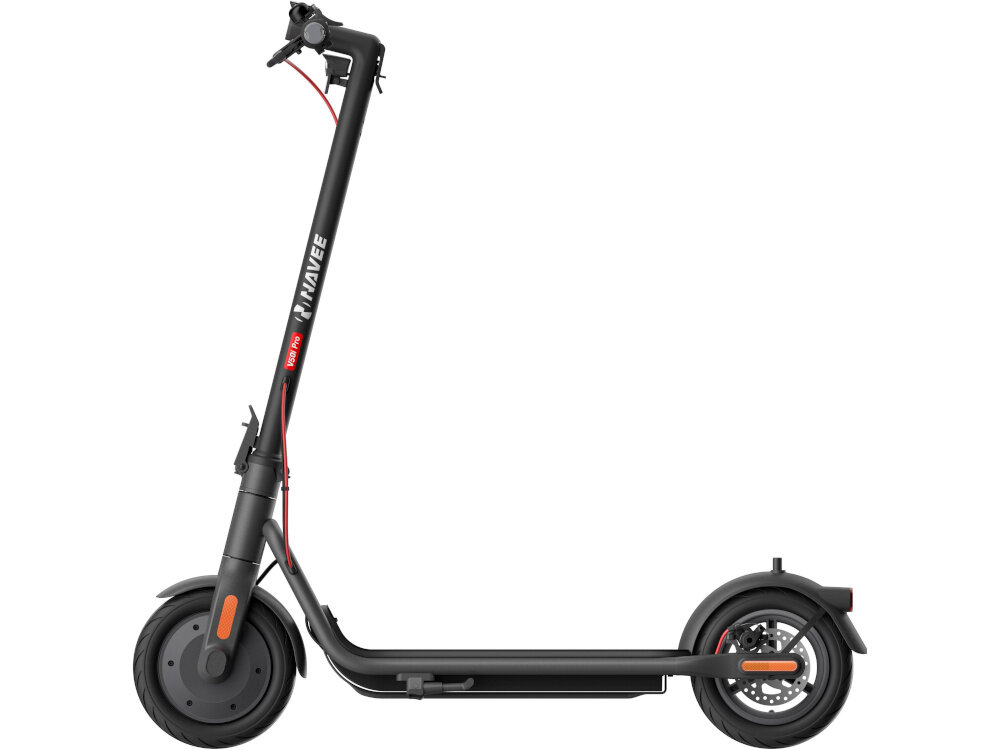 Hulajnoga elektryczna NAVEE V50i Pro 50km 350W 10 cali Czarny hulajnoga na białym tle widoczna z boku bateria 10,2 Ah / 36 V zasięg do 50 km bateria litowo-jonowa czas ładowania około 8 godzin maksymalna prędkość do 20 km/h