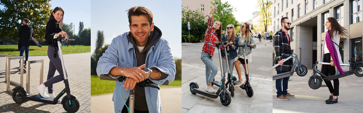 Hulajnoga elektryczna MOTUS Scooty 10 Lite Gen 4 30km 350W Amortyzacja 10 cali Szary kolaż zdjęć osoby korzystają z hulajnogi opierają się o nią jadą na niej środek transportu styl zabawa jazda na hulajnodze stabilność wygoda