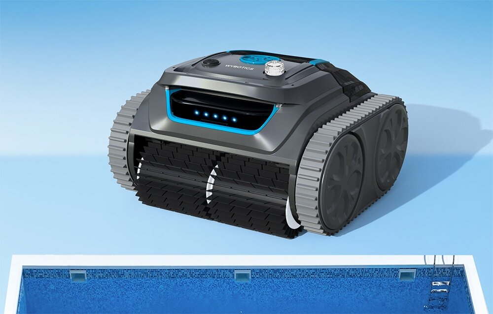 Robot do czyszczenia basenów WYBOT S1, Inteligentny, system, basen, silniki, na niebieskim tle robot frontem prawo skos, poniżej część basenu