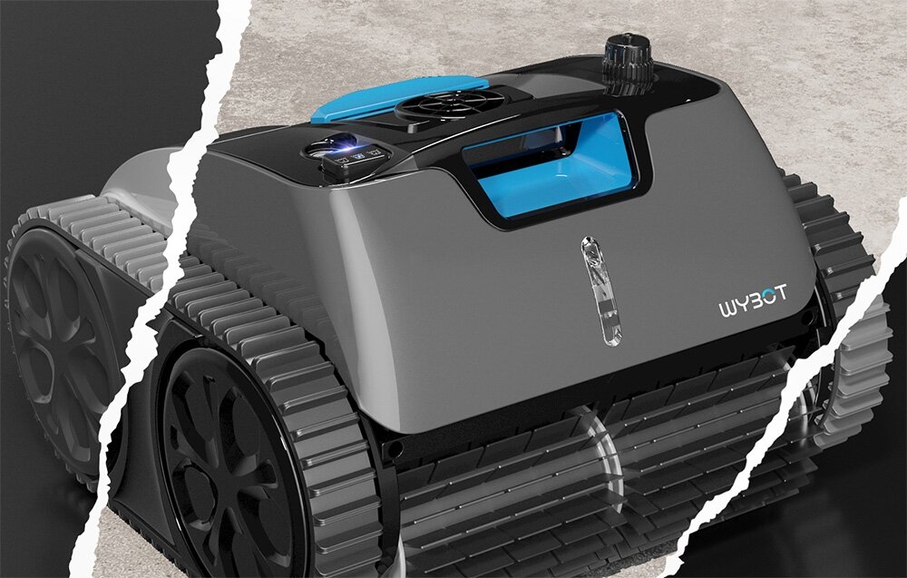 Robot do czyszczenia basenów WYBOT C1 Pro, zaawansowany, konieczność, algorytmy, zabrudzenia, robot stoi frontem lewo skos z wizualizacją rozdartych kartek