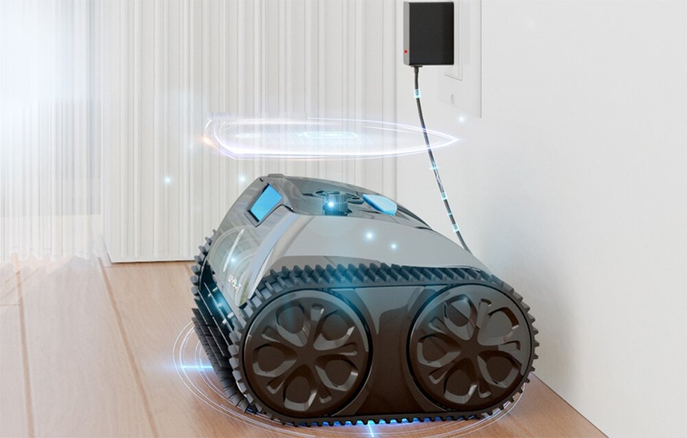 Robot do czyszczenia basenów WYBOT C1 Pro, czyszczenie, baseny, 5A, wysokoprądowe, robot ładuje się w pomieszczeniu przy pomocy zasilacza, w tle wizualizacja energii ładowania