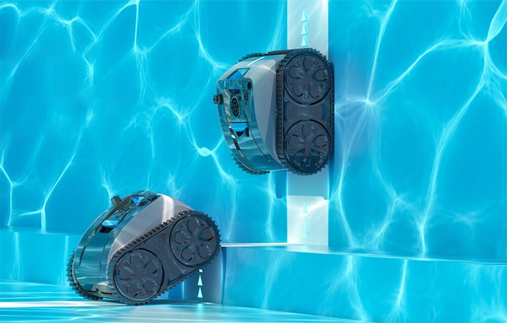 Robot do czyszczenia basenów WYBOT C1 Pro, przyczepność, pionowe, ściany, osad, robot na dnie basenu z wizualizacją z wspinaczką pionową po ścianie basenu