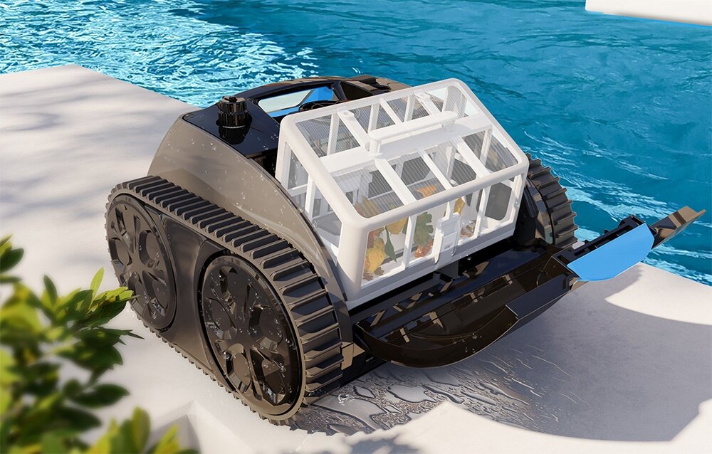 Robot do czyszczenia basenów WYBOT C1 Pro, filtr, czyszczenie, załadunek, pojemność, robot stoi przy basenie z otwartym drzwiczkami na filtr górnego załadunku
