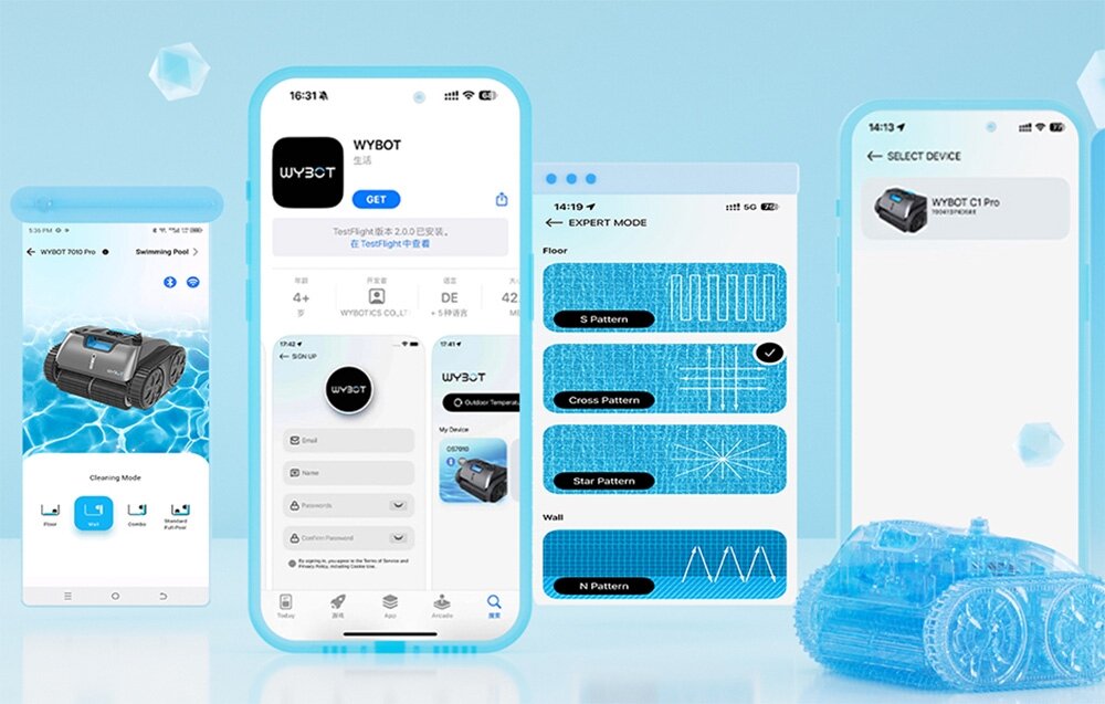 Robot do czyszczenia basenów WYBOT C1 Pro, OTA, Aktualizacje, wydajność, optymalizują, na niebieskim tle smartfon z aplikacją WYBOT i ustawieniami robota