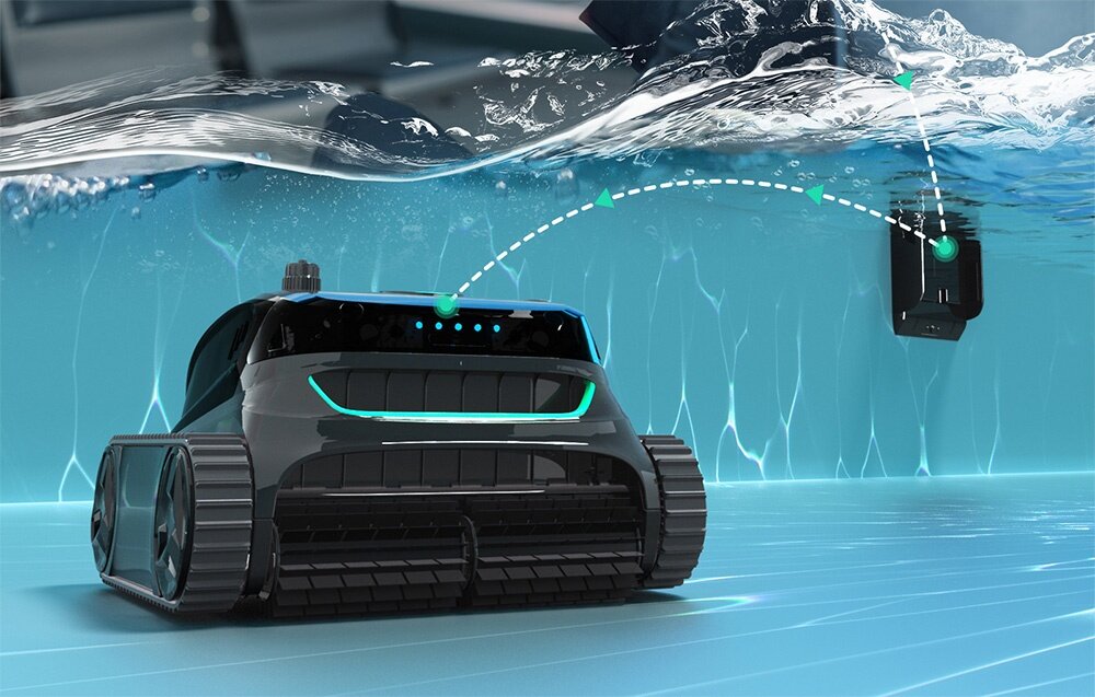 Robot do czyszczenia basenów WYBOT S2 Pro, czyszczenie, powierzchnia, ceramiczny, dostosowanie, na dnie basenu robot, w tle robota jadący po pionowej ścianie