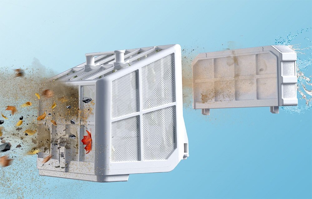 Robot do czyszczenia basenów WYBOT S2 Pro, system, filtracja, wychwytuje, kurz, brud, na niebieskim tle filtr robota z brudem