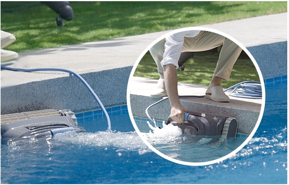 Robot do czyszczenia basenów WYBOT L1, moc, ssanie, żywotność, solidność, zanieczyszczenia, wizualizacja wyjęcia z wody robota będącego przy krawędzi