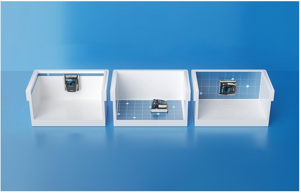 Robot do czyszczenia basenów WYBOT L1, czyszczenie, linia, osady, zabrudzenia, na niebieskiem tle wizualizacja poruszanie się robota w 3 kierunkach pion, poziom, pion wzdłuż