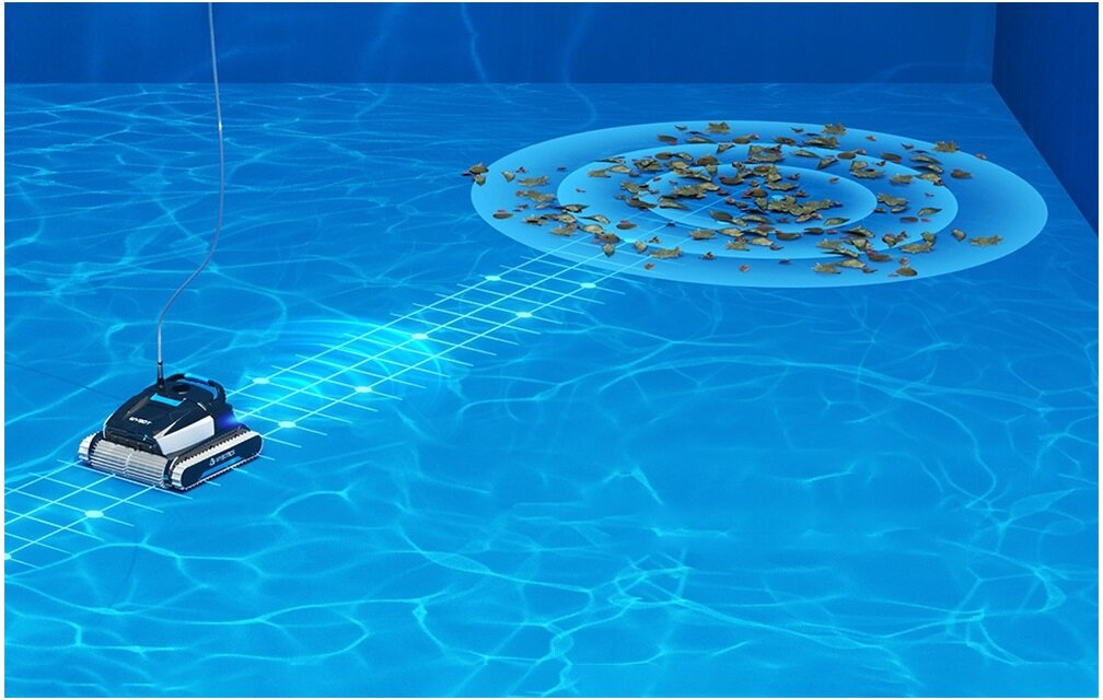 Robot do czyszczenia basenów WYBOT L1, czyszenie, punktowe, skierowanie, zabrudzenia, wizualizacja czyszczenia punktowego na dnie basenu przez robota