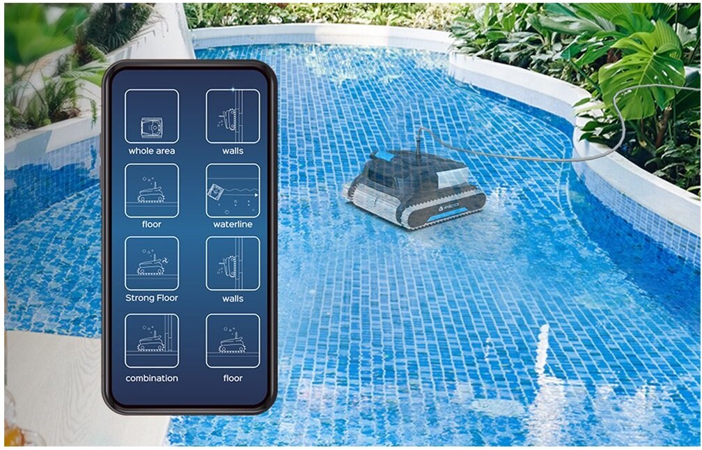 Robot do czyszczenia basenów WYBOT L1, aplikacja, wifi, tryby, harmonogram, w tle basen i robot na dnie basenu, na pierwszym planie smartfon z aplikacją WYBOT