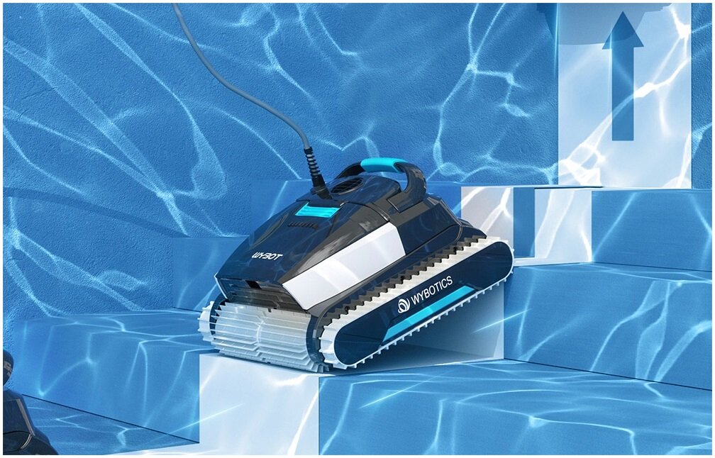 Robot do czyszczenia basenów WYBOT L1, automatycznie, powrót, aplikacja, cykl, robota przemieszcza się po schodach na dnie basenu