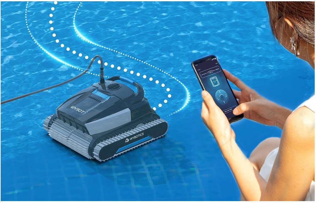 Robot do czyszczenia basenów WYBOT L1, LED, praca, filtr, LED, osoba obsługuje robota za pomocą aplikacji