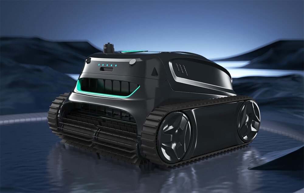 Robot do czyszczenia basenów WYBOT S2, pojemność, czas, praca, napięcia, w tle wizualizacja fal, na pierwszym planie robot frontem prawo skos