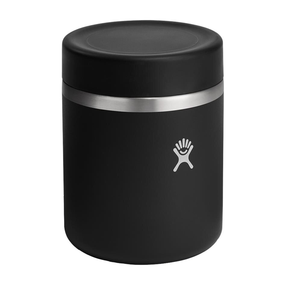 Czarny termos obiadowy z metalicznym paskiem i logo w kształcie ręki na powierzchni. Produkt ma gładką, matową powierzchnię.