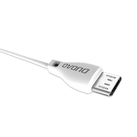 Biały kabel micro USB z widocznym logo \'DUDAO\' na wtyczce.